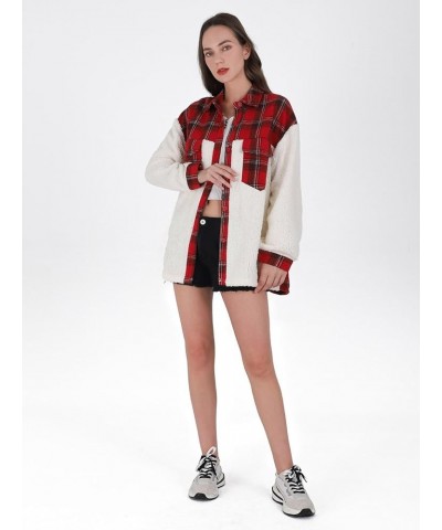 Women's Flannel Button Down Fleece Jacket Fall Fuzzy Plaid Blouse Jacket Winter Lightweight Coats Red $17.33 Jackets