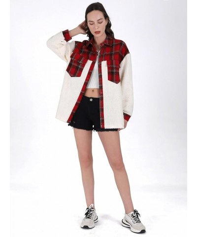 Women's Flannel Button Down Fleece Jacket Fall Fuzzy Plaid Blouse Jacket Winter Lightweight Coats Red $17.33 Jackets