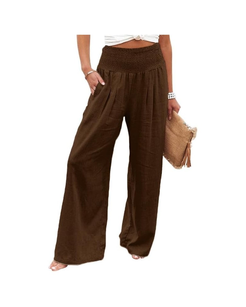 Palazzo Pants for Women Wide Leg High Waist Linen Cotton Trousers Stretchy Fall Casual Loose Comfy Pant with Pockets Coffee $...