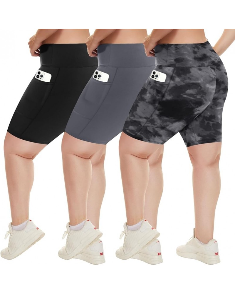 3 Pack Plus Size Biker Shorts with Pockets for Women (S-4XL)- 8"/5" High Waist Tummy Control Shorts for Yoga 8 inch(2 Pockets...