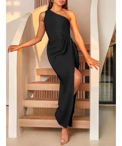 Women's 2024 One Shoulder Sleeveless Cocktail Dress Sexy High Slit Ruched Bodycon Wedding Guest Maxi Dresses Black $28.00 Dre...