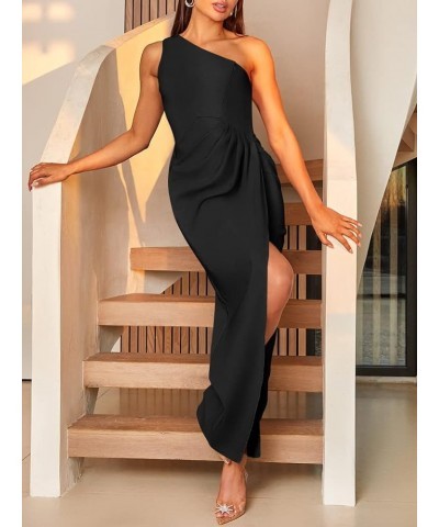 Women's 2024 One Shoulder Sleeveless Cocktail Dress Sexy High Slit Ruched Bodycon Wedding Guest Maxi Dresses Black $28.00 Dre...