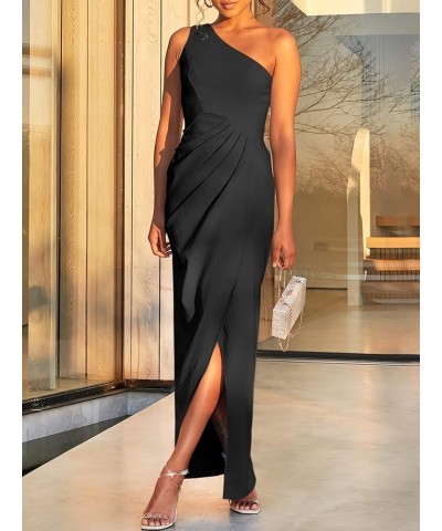 Women's 2024 One Shoulder Sleeveless Cocktail Dress Sexy High Slit Ruched Bodycon Wedding Guest Maxi Dresses Black $28.00 Dre...