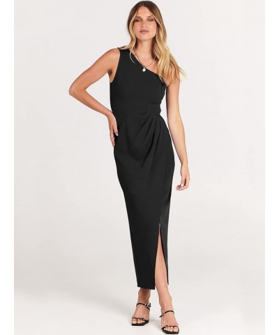 Women's 2024 One Shoulder Sleeveless Cocktail Dress Sexy High Slit Ruched Bodycon Wedding Guest Maxi Dresses Black $28.00 Dre...