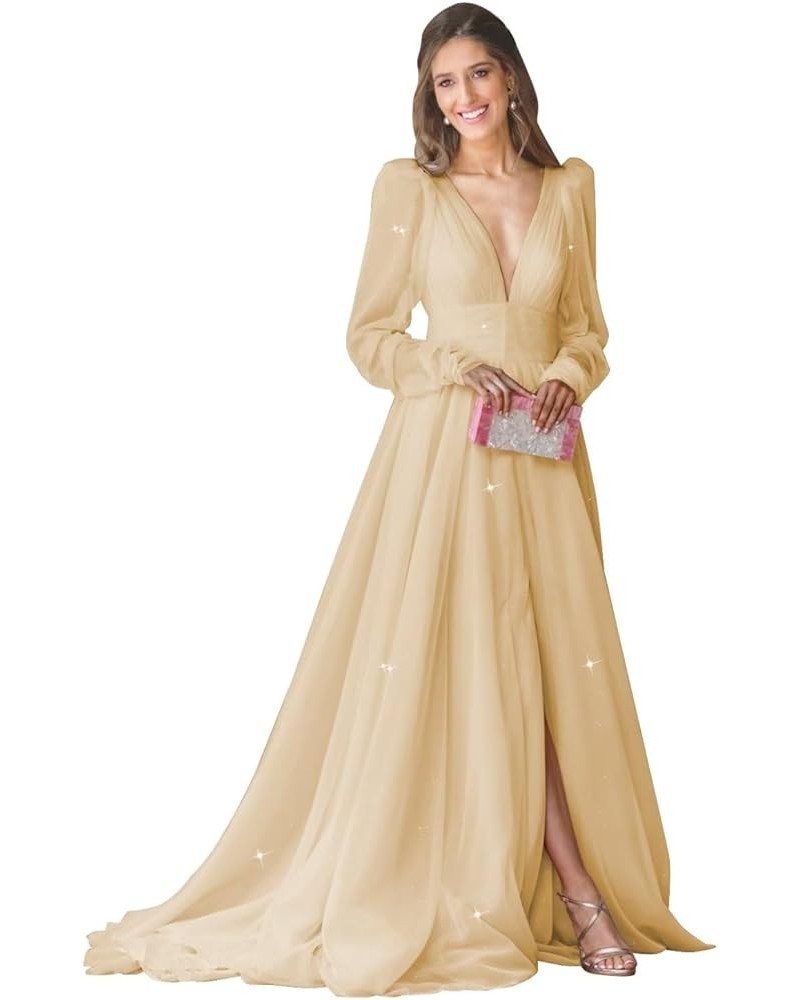 Long Sleeve Glitter Prom Dress Long Ball Gown Tulle Wedding Dress V Neck A-line Formal Gowns with Slit Champagne $41.65 Dresses