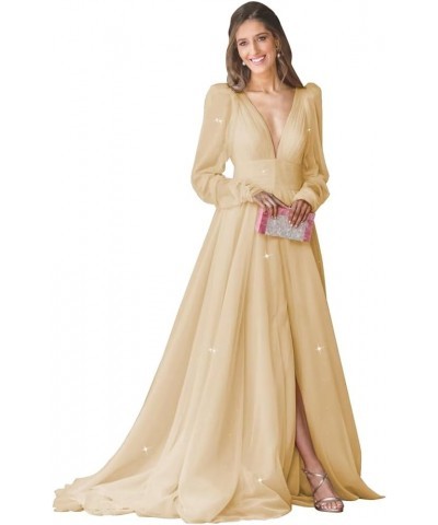 Long Sleeve Glitter Prom Dress Long Ball Gown Tulle Wedding Dress V Neck A-line Formal Gowns with Slit Champagne $41.65 Dresses