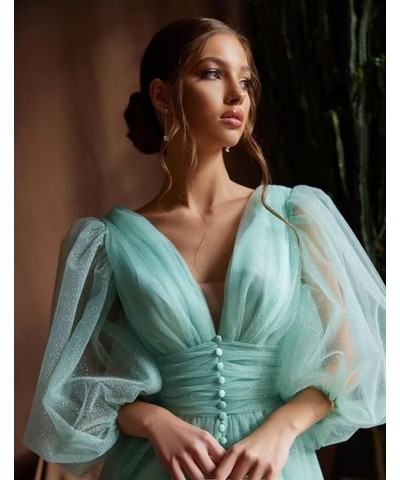 Long Sleeve Glitter Prom Dress Long Ball Gown Tulle Wedding Dress V Neck A-line Formal Gowns with Slit Champagne $41.65 Dresses