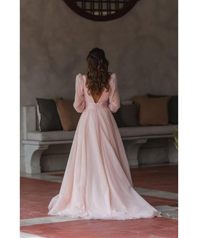 Long Sleeve Glitter Prom Dress Long Ball Gown Tulle Wedding Dress V Neck A-line Formal Gowns with Slit Champagne $41.65 Dresses