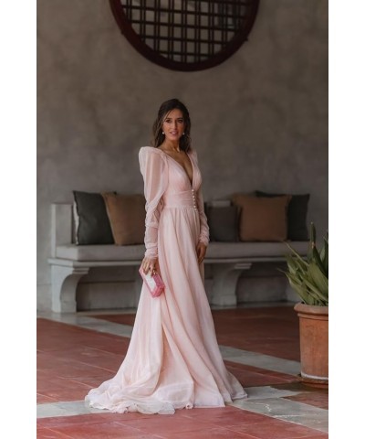 Long Sleeve Glitter Prom Dress Long Ball Gown Tulle Wedding Dress V Neck A-line Formal Gowns with Slit Champagne $41.65 Dresses