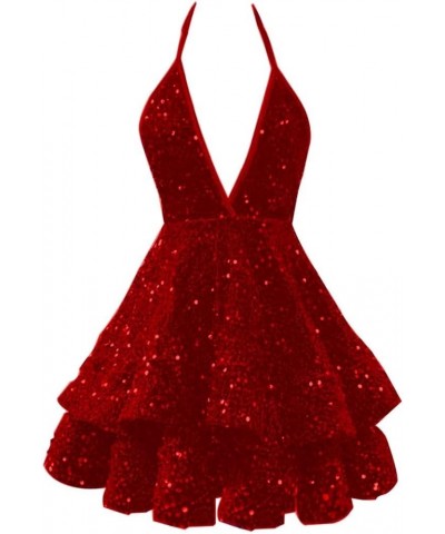 Homecoming Dresses Sparkly Sequin Short Prom Dresses for Teens 2023 Halter Tiered Mini Cocktail Evening Party Dresses Burgund...