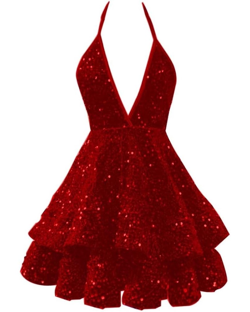 Homecoming Dresses Sparkly Sequin Short Prom Dresses for Teens 2023 Halter Tiered Mini Cocktail Evening Party Dresses Burgund...