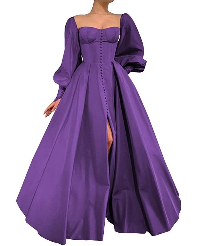 Long Puffy Sleeve Prom Dresses Princess Ball Gown for Women Satin Formal Party Wedding Evening Dress purple $37.74 Dresses