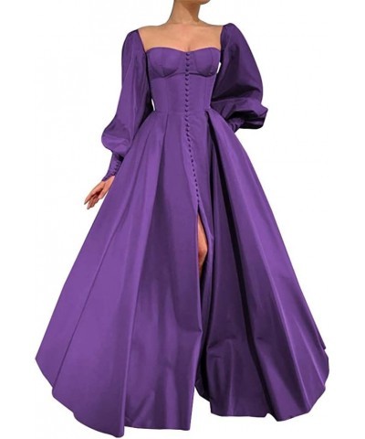 Long Puffy Sleeve Prom Dresses Princess Ball Gown for Women Satin Formal Party Wedding Evening Dress purple $37.74 Dresses