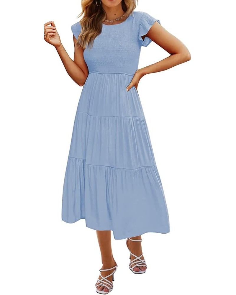 Women's Casual Midi Dress Fultter Short Sleeve Elastic Waist Summer Tiered Smocked Dress with Pockets Blue $21.07 Dresses