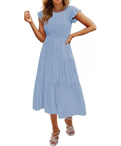 Women's Casual Midi Dress Fultter Short Sleeve Elastic Waist Summer Tiered Smocked Dress with Pockets Blue $21.07 Dresses