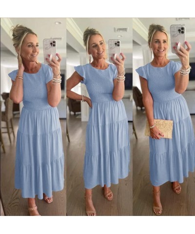 Women's Casual Midi Dress Fultter Short Sleeve Elastic Waist Summer Tiered Smocked Dress with Pockets Blue $21.07 Dresses