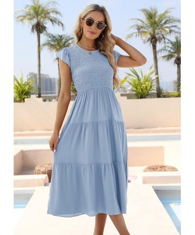 Women's Casual Midi Dress Fultter Short Sleeve Elastic Waist Summer Tiered Smocked Dress with Pockets Blue $21.07 Dresses