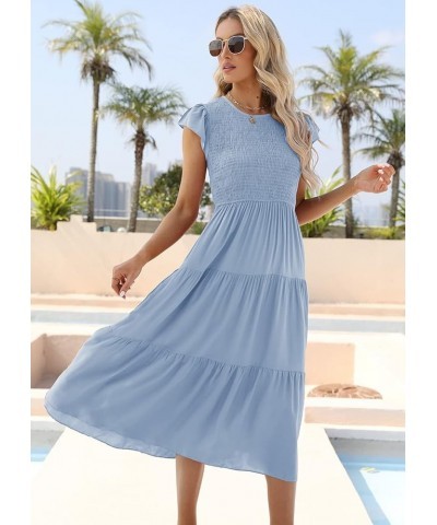 Women's Casual Midi Dress Fultter Short Sleeve Elastic Waist Summer Tiered Smocked Dress with Pockets Blue $21.07 Dresses