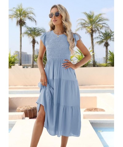 Women's Casual Midi Dress Fultter Short Sleeve Elastic Waist Summer Tiered Smocked Dress with Pockets Blue $21.07 Dresses