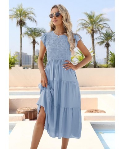 Women's Casual Midi Dress Fultter Short Sleeve Elastic Waist Summer Tiered Smocked Dress with Pockets Blue $21.07 Dresses