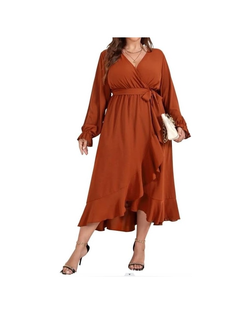 Women Plus Size Maxi Dress Long Sleeve Wrap V Neck High Low Split Ruffle Long Dress with Belt Rust $23.10 Dresses