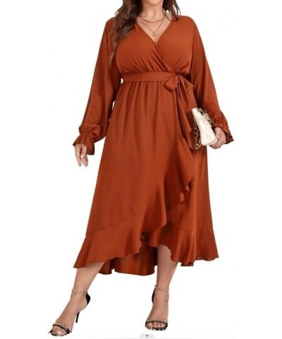 Women Plus Size Maxi Dress Long Sleeve Wrap V Neck High Low Split Ruffle Long Dress with Belt Rust $23.10 Dresses