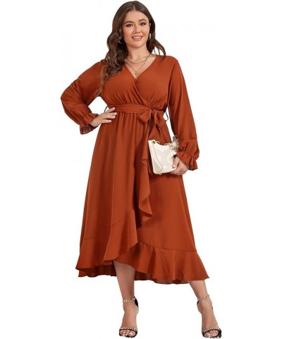 Women Plus Size Maxi Dress Long Sleeve Wrap V Neck High Low Split Ruffle Long Dress with Belt Rust $23.10 Dresses