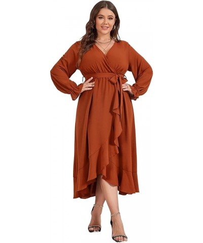 Women Plus Size Maxi Dress Long Sleeve Wrap V Neck High Low Split Ruffle Long Dress with Belt Rust $23.10 Dresses