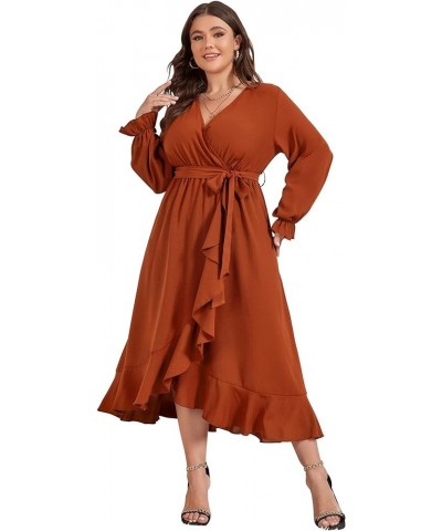 Women Plus Size Maxi Dress Long Sleeve Wrap V Neck High Low Split Ruffle Long Dress with Belt Rust $23.10 Dresses