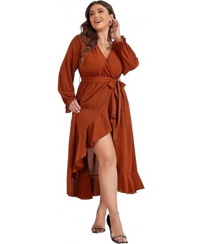 Women Plus Size Maxi Dress Long Sleeve Wrap V Neck High Low Split Ruffle Long Dress with Belt Rust $23.10 Dresses