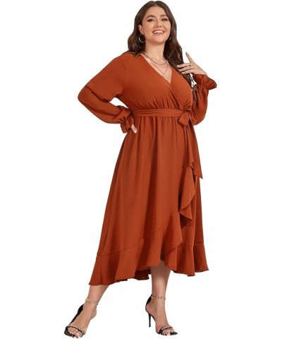 Women Plus Size Maxi Dress Long Sleeve Wrap V Neck High Low Split Ruffle Long Dress with Belt Rust $23.10 Dresses