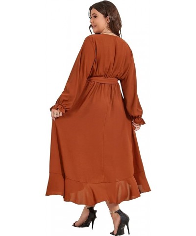 Women Plus Size Maxi Dress Long Sleeve Wrap V Neck High Low Split Ruffle Long Dress with Belt Rust $23.10 Dresses