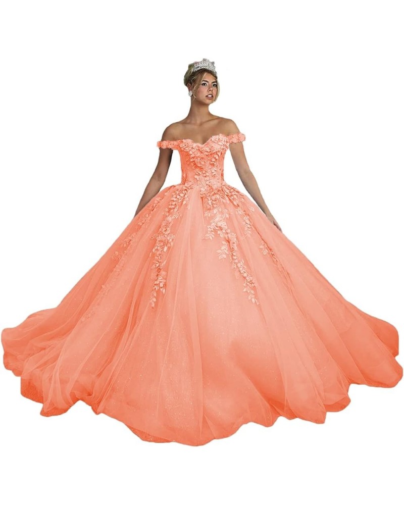 Flora Lace Quinceanera Dresses Ball Gown Sparkly Tulle Off Shoulder Prom Dresses Sweet 15 16 Dresses for Women PF39 Coral $63...