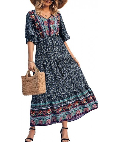 Women's Casual Summer Boho Floral Print Dress V Neck Short Sleeve High Waist Long Maxi Beach Dresses Navy Floral $24.48 Dresses