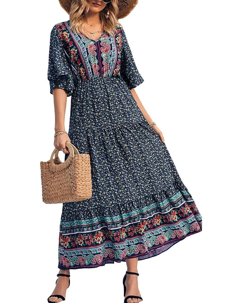 Women's Casual Summer Boho Floral Print Dress V Neck Short Sleeve High Waist Long Maxi Beach Dresses Navy Floral $24.48 Dresses