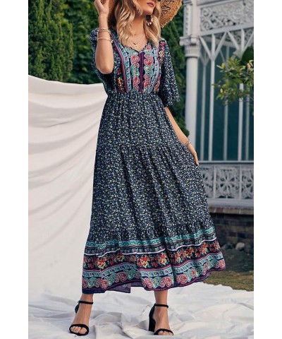 Women's Casual Summer Boho Floral Print Dress V Neck Short Sleeve High Waist Long Maxi Beach Dresses Navy Floral $24.48 Dresses