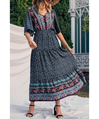 Women's Casual Summer Boho Floral Print Dress V Neck Short Sleeve High Waist Long Maxi Beach Dresses Navy Floral $24.48 Dresses