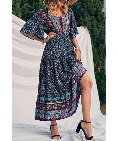 Women's Casual Summer Boho Floral Print Dress V Neck Short Sleeve High Waist Long Maxi Beach Dresses Navy Floral $24.48 Dresses