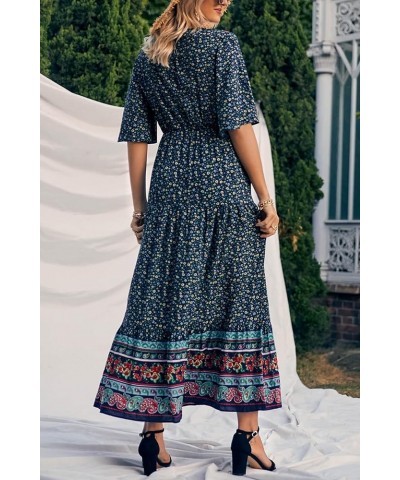 Women's Casual Summer Boho Floral Print Dress V Neck Short Sleeve High Waist Long Maxi Beach Dresses Navy Floral $24.48 Dresses