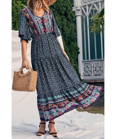 Women's Casual Summer Boho Floral Print Dress V Neck Short Sleeve High Waist Long Maxi Beach Dresses Navy Floral $24.48 Dresses