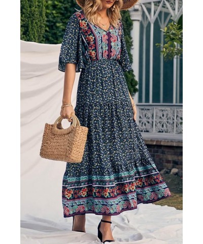 Women's Casual Summer Boho Floral Print Dress V Neck Short Sleeve High Waist Long Maxi Beach Dresses Navy Floral $24.48 Dresses