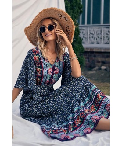 Women's Casual Summer Boho Floral Print Dress V Neck Short Sleeve High Waist Long Maxi Beach Dresses Navy Floral $24.48 Dresses