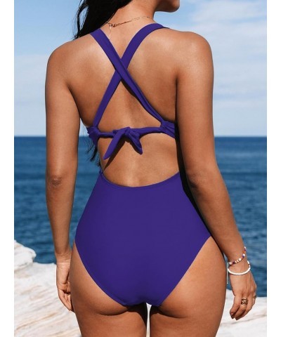 Women's One Piece Swimsuit Tummy Control Deep V Neck Double Straps Crisscross Back Tie Bathing Suit Cobalt Blue $23.99 Swimsuits