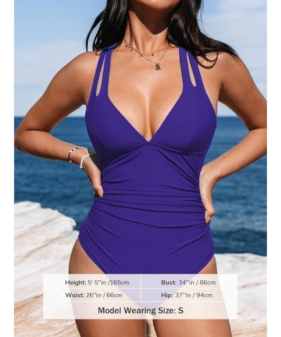 Women's One Piece Swimsuit Tummy Control Deep V Neck Double Straps Crisscross Back Tie Bathing Suit Cobalt Blue $23.99 Swimsuits