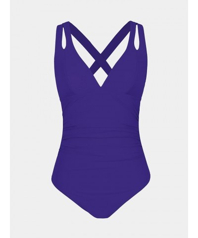 Women's One Piece Swimsuit Tummy Control Deep V Neck Double Straps Crisscross Back Tie Bathing Suit Cobalt Blue $23.99 Swimsuits