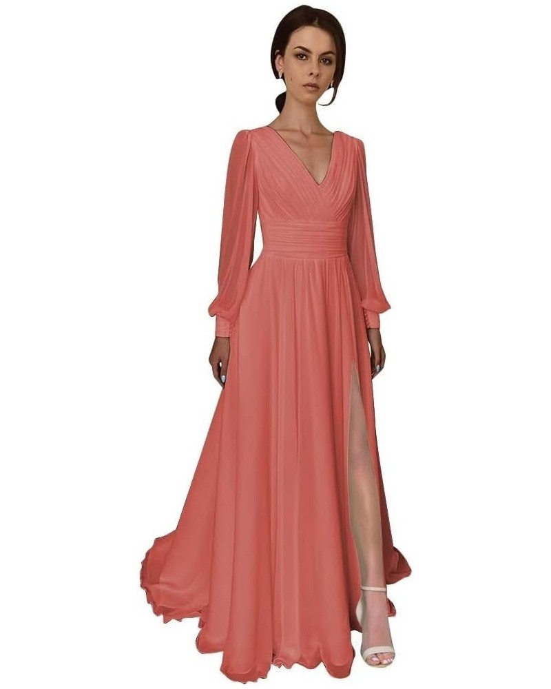 Split Chiffon V Neck Long Sleeve Prom Dresses Formal Dress for Women A-Line Pleated Maxi Gown Coral $33.60 Dresses