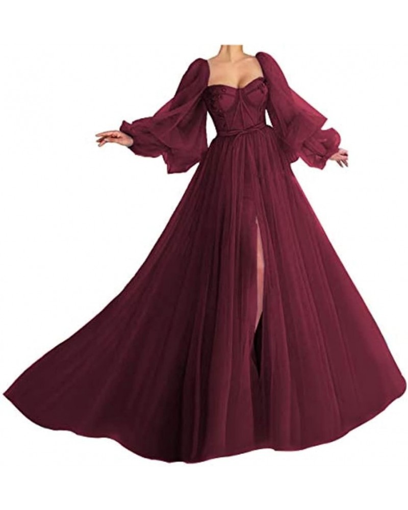 Women's Puffy Sleeve Prom Dress Ball Gown Tulle Sweetheart Wedding Formal Evening Dresses with Split Burgundy $38.25 Dresses