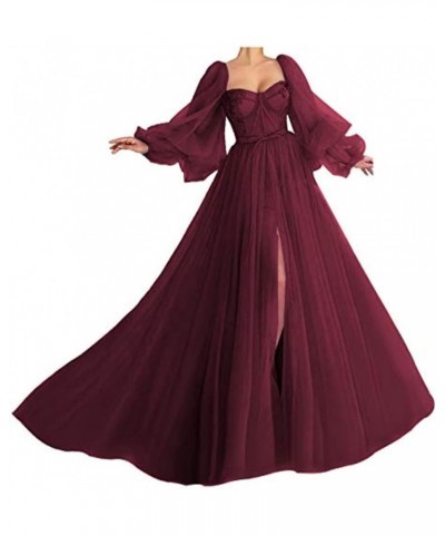 Women's Puffy Sleeve Prom Dress Ball Gown Tulle Sweetheart Wedding Formal Evening Dresses with Split Burgundy $38.25 Dresses