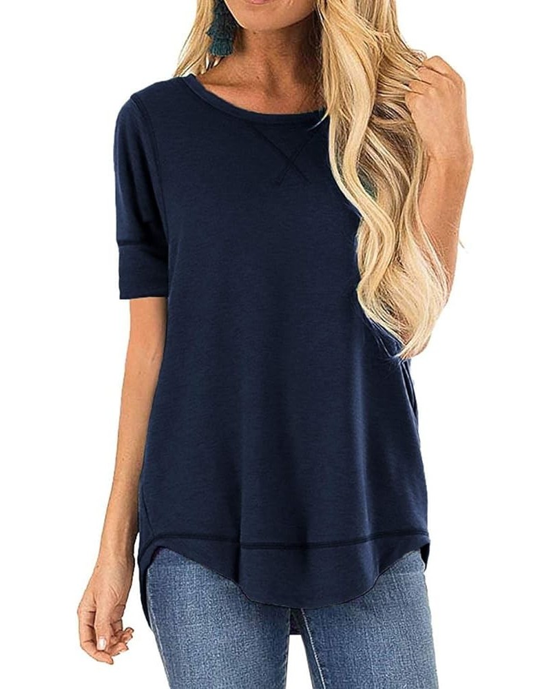 Summer Tops for Women Short Sleeve Side Split Casual Loose Tunic Top A-03 Navy Blue $11.87 Vests