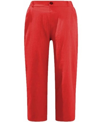 Women's Cotton Linen Capris Knee Length Pants Trousers Folded Hem Paper Bag Linen Pants with Pockets Cropped Pants 05 Red $8....